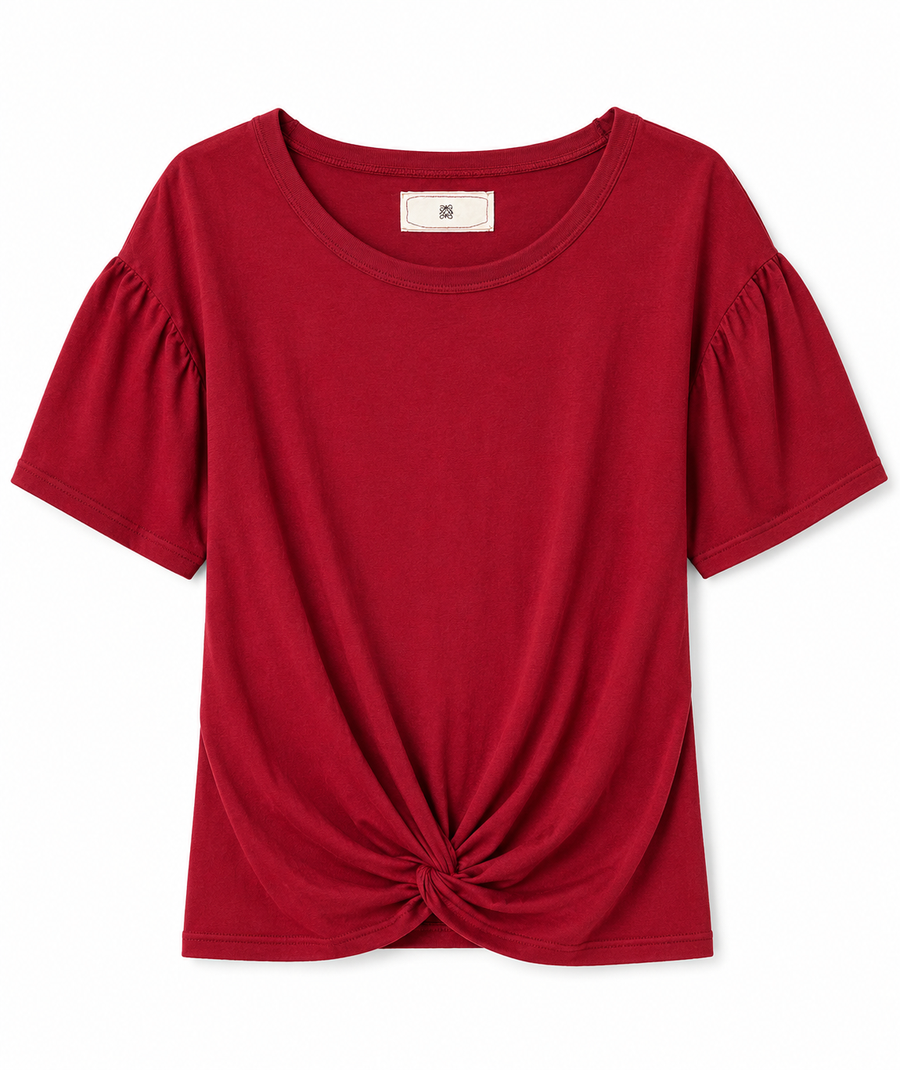 Puffed Sleeve Knotted T Red