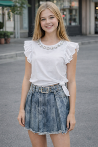 Skye Crystal Ruffle Top White
