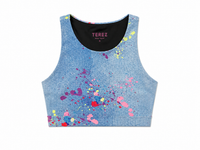 GIRLS HI-SHINE SPORTS BRA IN PINK BOWS DENIM PAINT SPLATTER