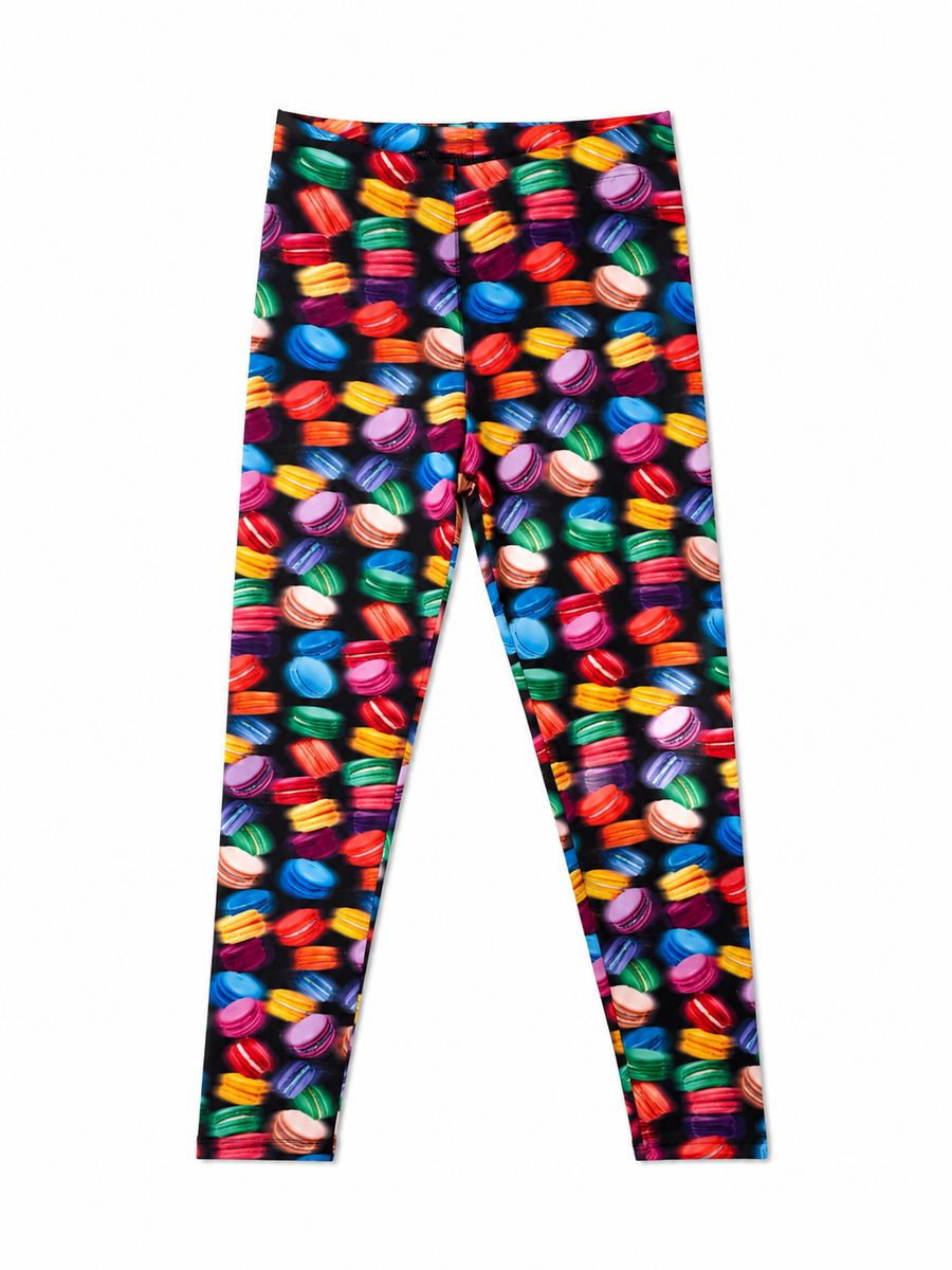 GIRLS HI-SHINE LEGGINGS IN PINK BOWS RAINBOW MACAROONS ON BLACK