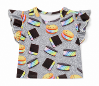 GIRLS HI-SHINE RUFFLE CROP TOP IN DENIM PAINT SPLATTER RAINBOW ICE CREAM SAUCERS
