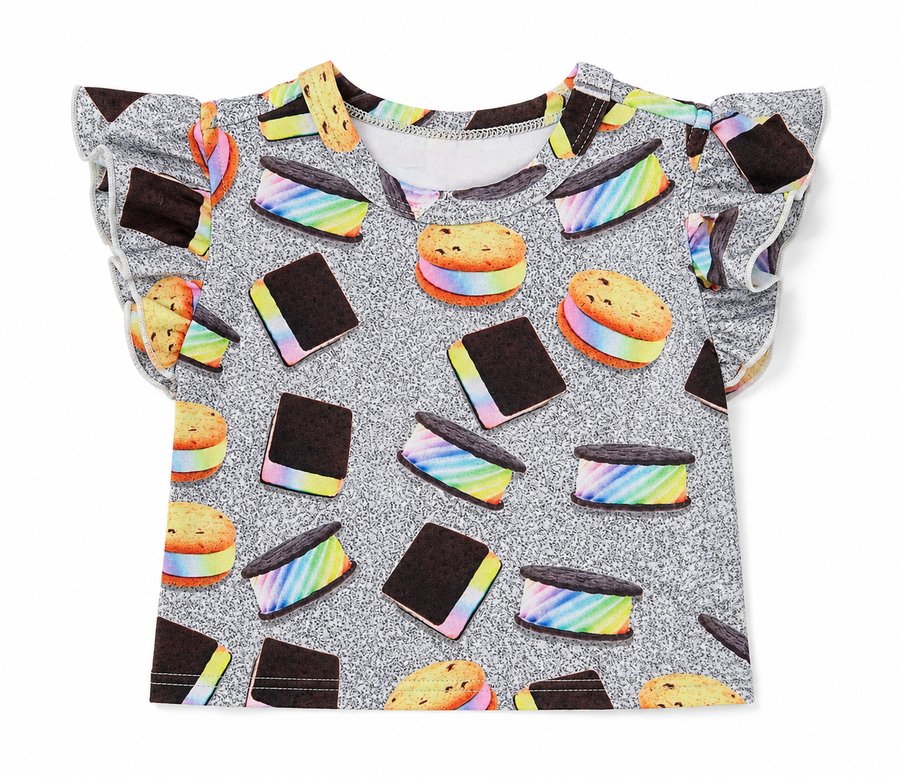 GIRLS HI-SHINE RUFFLE CROP TOP IN DENIM PAINT SPLATTER RAINBOW ICE CREAM SAUCERS