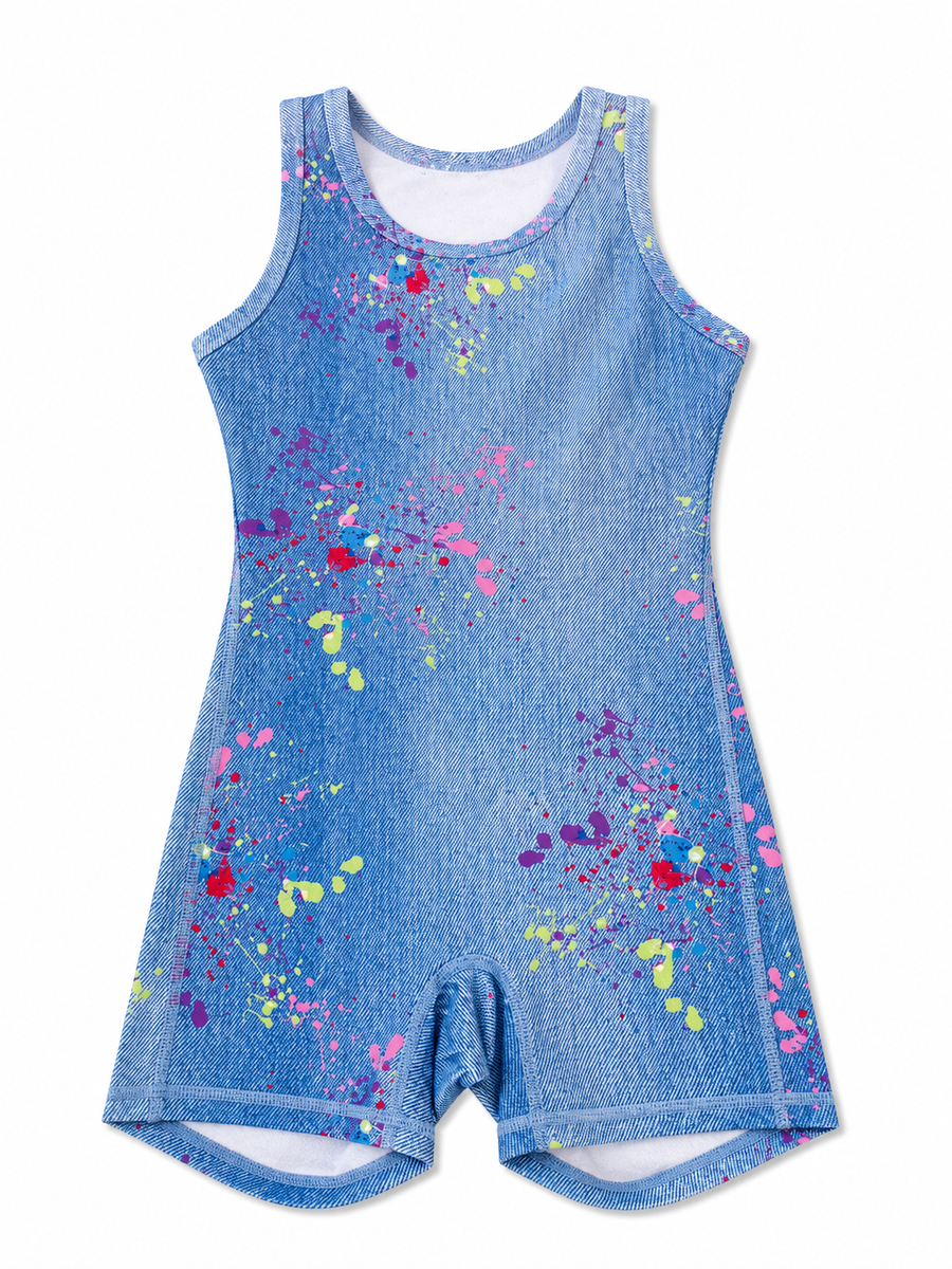 GIRLS LEOTARD IN DENIM PAINT SPLATTER DENIM PAINT SPLATTER