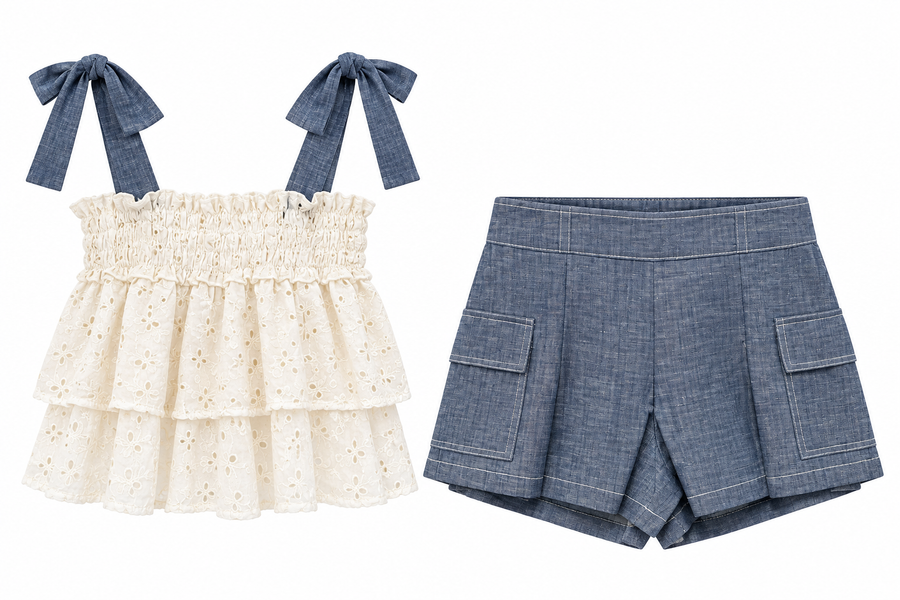 Tendencias Eyelet White top/shorts Denim