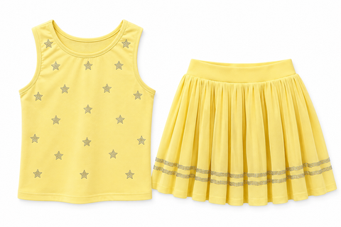 MD NAOMI CRYSTAL STARS TOP AND PLEATED SKIRT W/ SHORTS TENNIS SET Yellow