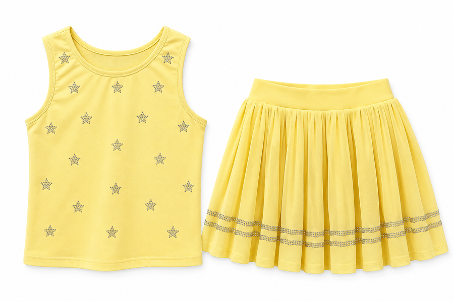 MD NAOMI CRYSTAL STARS TOP AND PLEATED SKIRT W/ SHORTS TENNIS SET Yellow