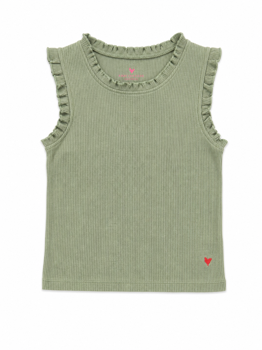 Girls Organic Ruffle Rib Tank - Leaf Green