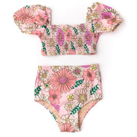 High Waist Smocked Bikini - Retro Blossom