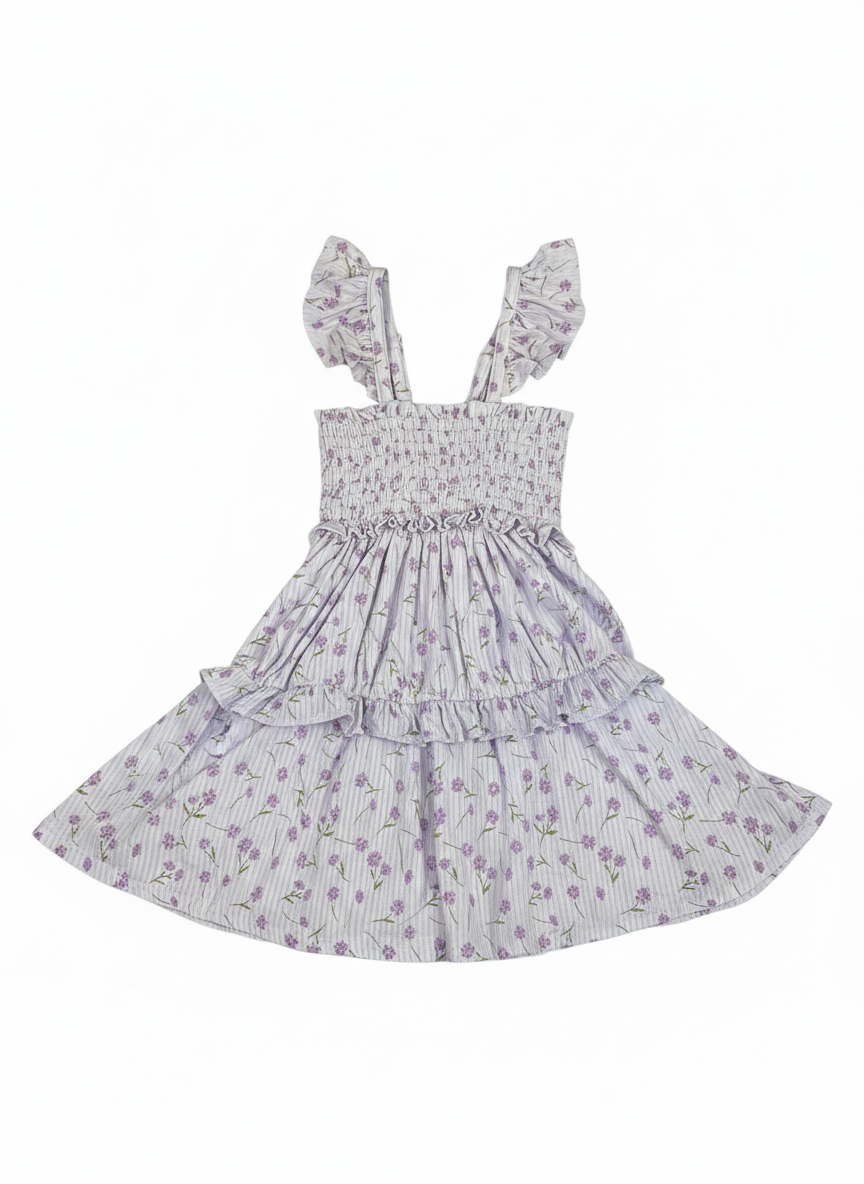 Jeanette - Smocked Flutter Sleeve Babydoll Dress OPEN PURPLE