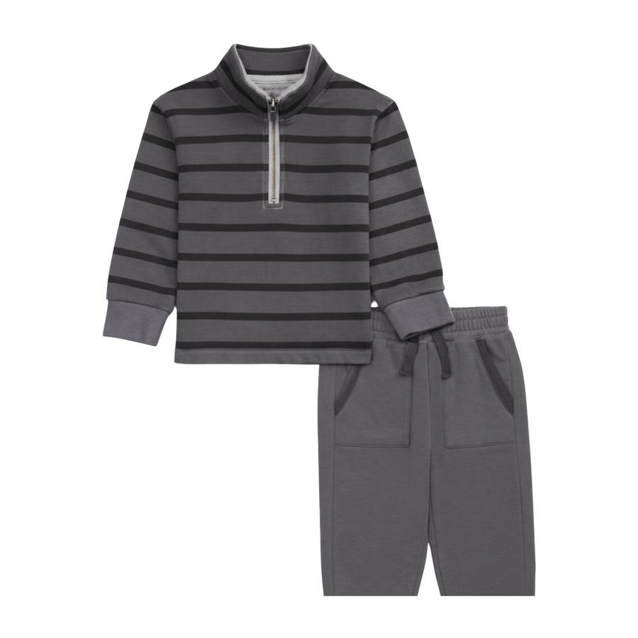 Stripe Half Zip LS Set - Lead Black
