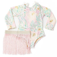long sleeve 1pc & fringe skirt - metallic hula - pink & green multi