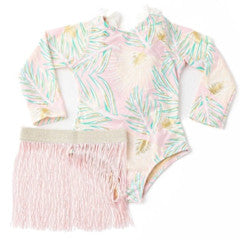 long sleeve 1pc & fringe skirt - metallic hula - pink & green multi