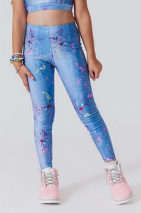 GIRLS HI-SHINE LEGGINGS IN PINK BOWS DENIM PAINT SPLATTER