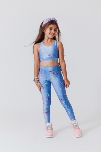 GIRLS HI-SHINE LEGGINGS IN PINK BOWS DENIM PAINT SPLATTER